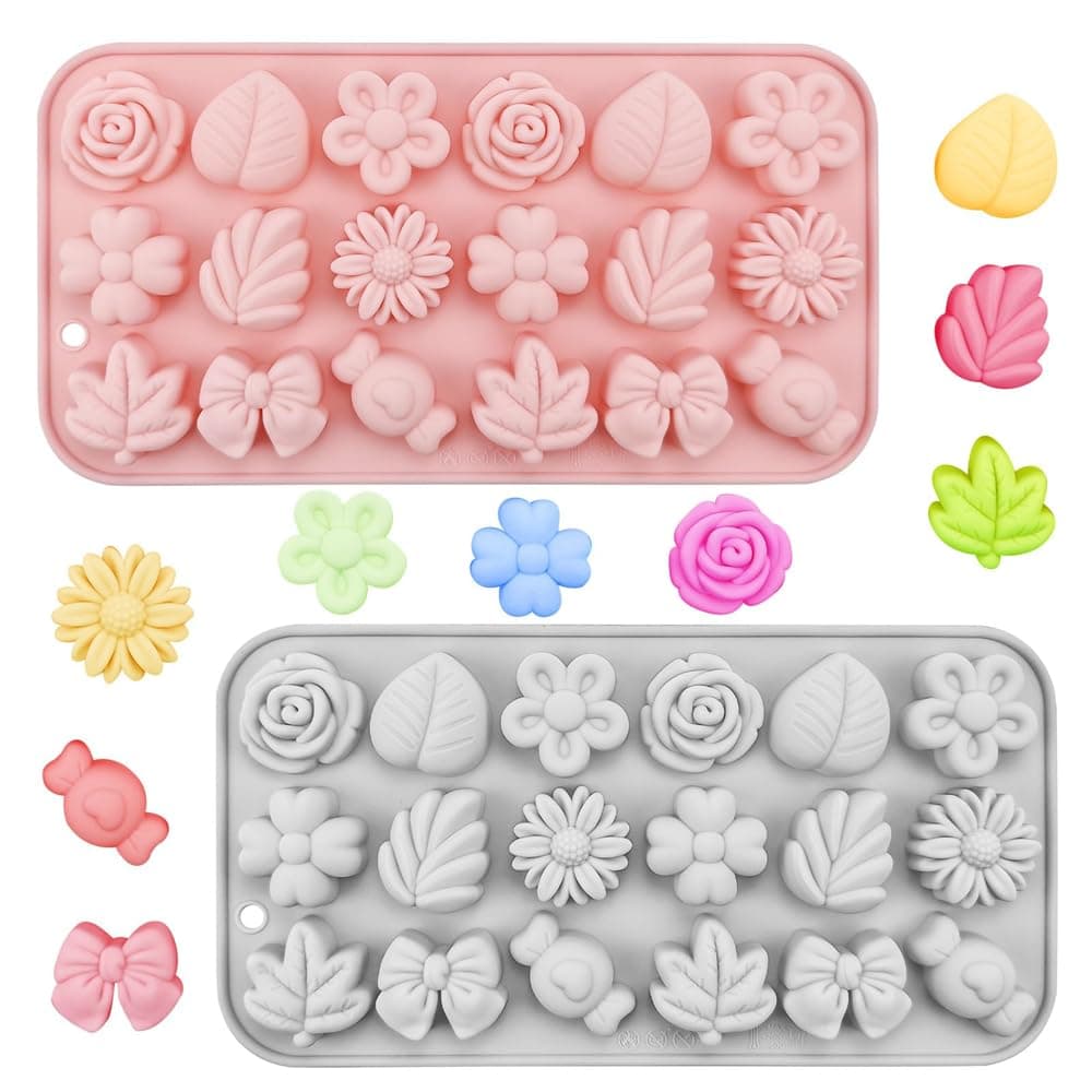 2 Pcs Flower and Leaves Silicone Cake Molds, AZONEE Mini Flower Chocolate Molds, Blossom Fondant Cake Decorating Mold Tulip Flower Molds Ice Mold Pudding Molds Soap Molds for Wedding, Festival