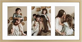 Golden State Art, 4x6 Aluminum Collage Frame, Displays 6x4 Pictures With 3 Openings Mat or One 7x14 Photo, Real Glass, Portrait/Landscape Wall Display, Gold, 1 Pack