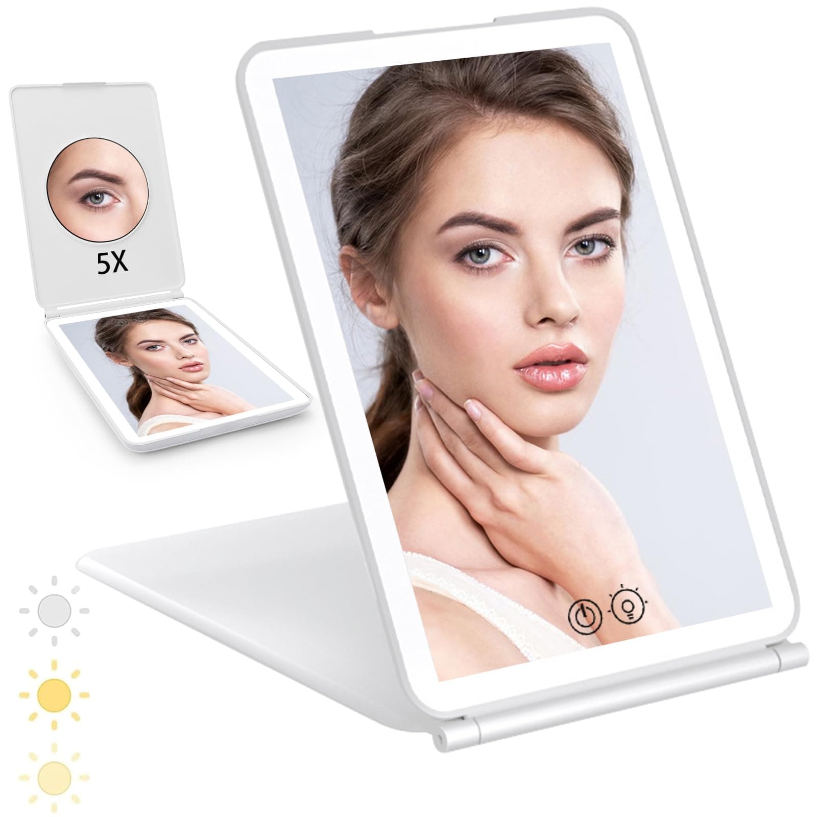 Travel Makeup Mirror with Light,Rechargeable Led Mirror with 5X Magnifying Mirror,Vanity Mirror with 3 Color Lighting and Touch Screen Dimming,Portable Light Up Mirror,Travel Essential for Women