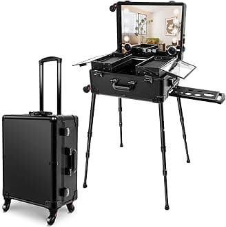 FAHKNS 24'' Aluminum Trolley Makeup Train Case with LED Light Professional Cosmetic Make up Cosmetic Organizer Studio