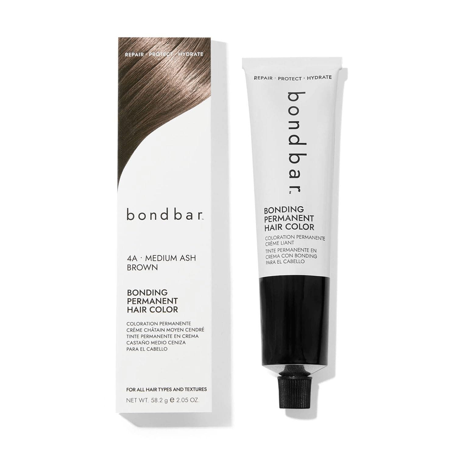 Bondbar 4A Medium Ash Brown Bonding Permanent Creme Hair Color, Repairing hair dye for all hair types, Vegan, Built in Bonding, 2.05 Oz