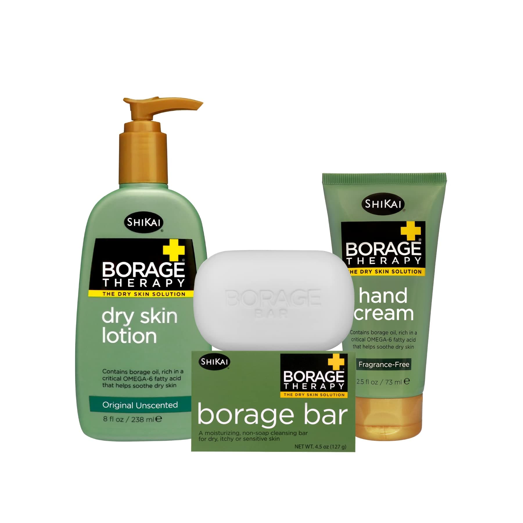 ShiKai - Borage Therapy Essentials Pack, Plant-Based, Perfect for Daily Use, Rich in Botanical Extracts, Conditions & Softens Skin, Formulated for Sensitive Skin, Creamy Texture, (Unscented, 3-Pack)