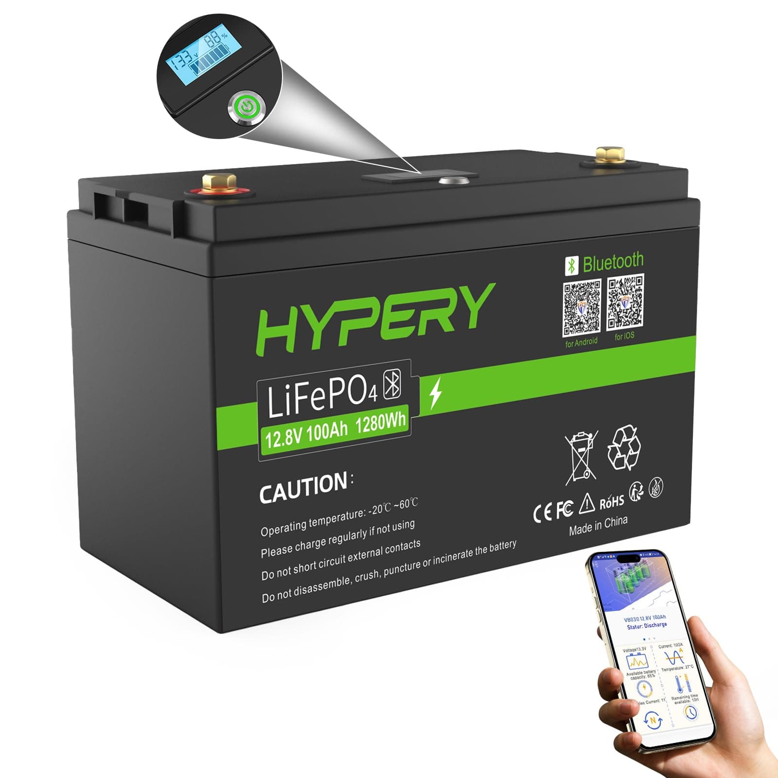 Smart 12V 100AH LiFePO4 Battery with Bluetooth, LED Display Screen, Safety Switch and BMS, Perfect Lithium Battery for RVs, Golf Carts, Boats and Home Energy Storage