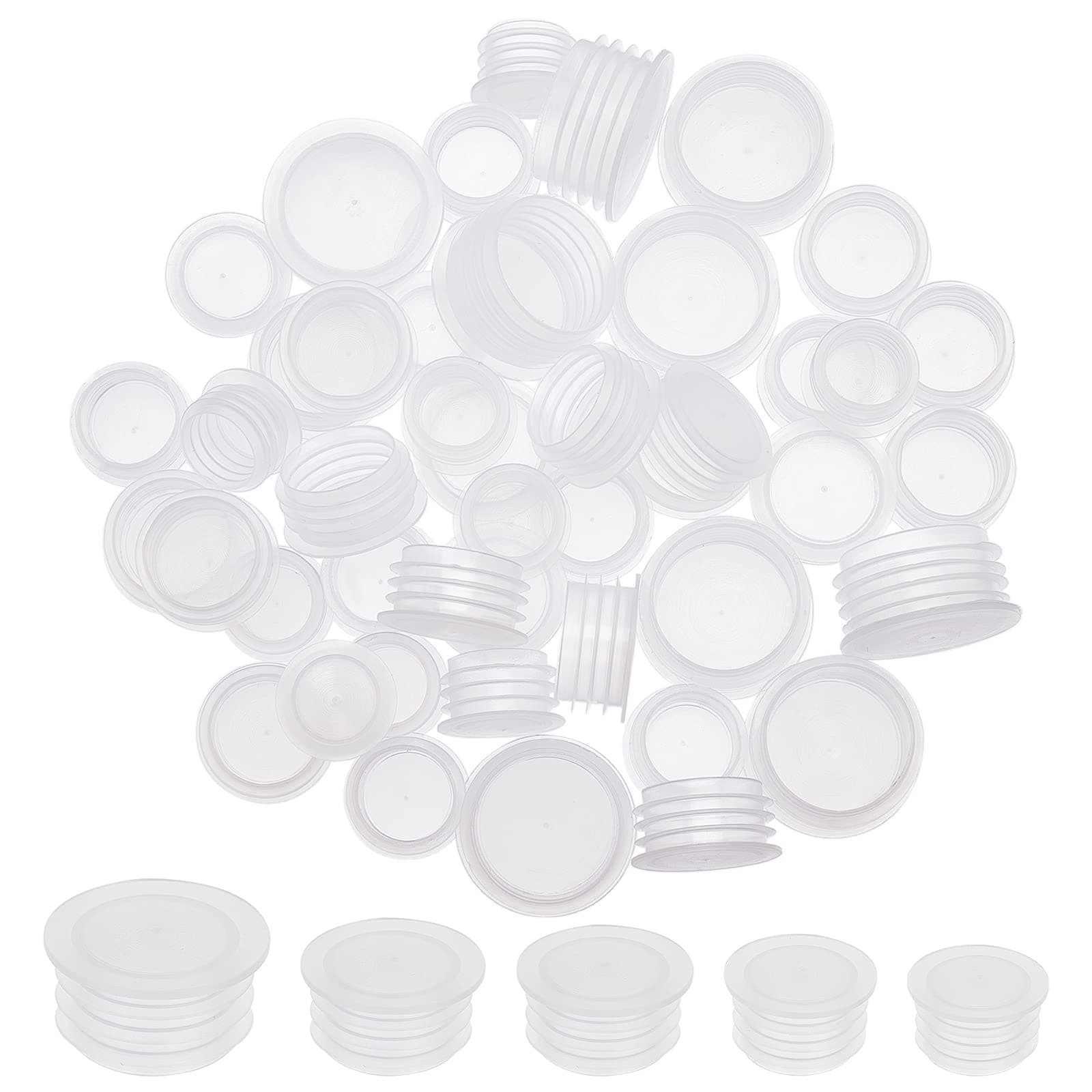 GORGECRAFT 5 Size 50PCS Salt and Pepper Shaker Stoppers Plastic Salt Shaker Plug Stopper 18.5/19.5/21.5/22.5/28mm Replacement Plug Bottle Caps Reusable Clear Round End Cap for Bottles Pipes