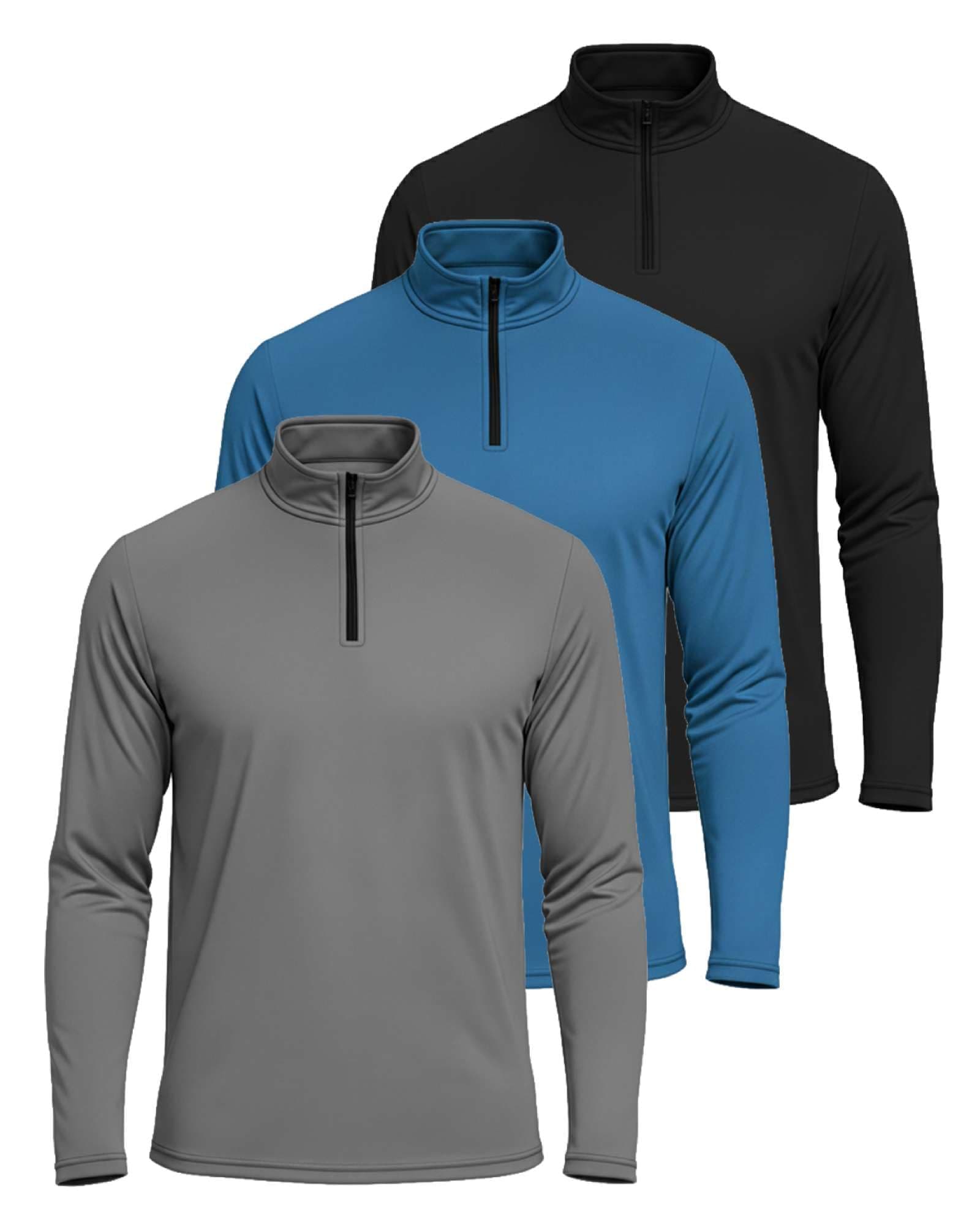 Real Essentials 3 Pack: Men's Dry-Fit Active Quarter Zip Long Sleeve Athletic Performance Pullover (Available in Big & Tall)