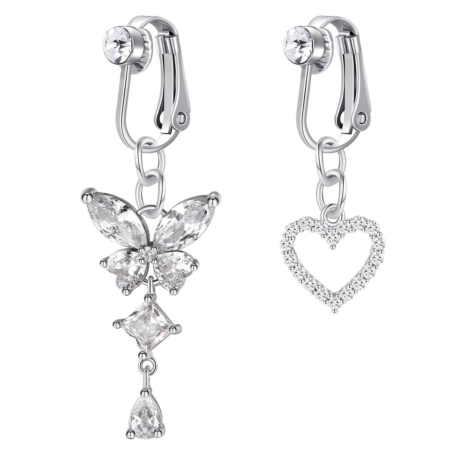 2-3Pcs Fake Belly Button Rings Clip On Belly Piercing Surgical Steel Fake Belly Bars with Heart Butterfly CZ Dangle Faux Belly Rings Non Pierced Piercing Jewellery