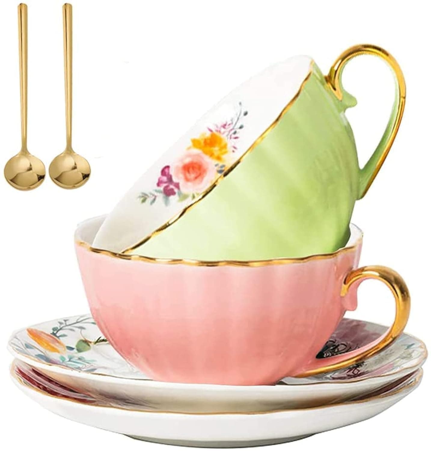 AYF Tea Cup and Saucer Set for 2 Floral Tea Cups with Gold Trim 6.76 Oz Ceramic Teacup British Tea Cups Espresso Latte Coffee Cups for Party Birthday Wedding in Gift Box (Pink+Green)