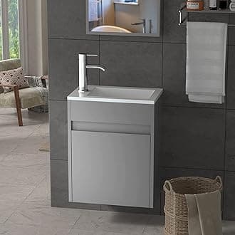 16" Small Bathroom Vanity Wall Mounted,Grey Small Bathroom Vanity with Ceramic Sink,Bathroom Vanity and Sink Combo,Chrome Faucet P-Trap Include (Grey)