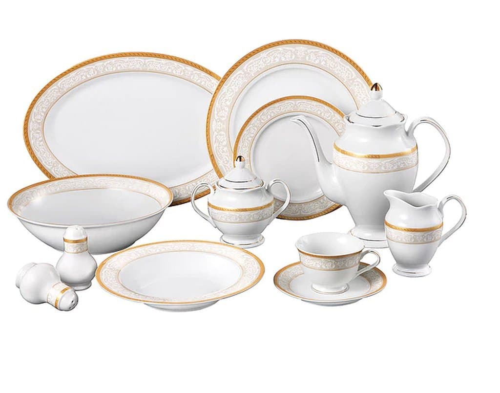 49-Piece Beige Gold Design Adds An Elegant Touch Venice Porcelain Dishwasher Safe Dinnerware Set