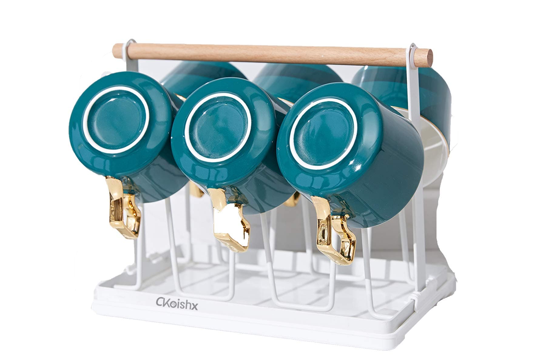 Home Cup Drying Rack, 6 Cup Drainer Stand Rack Non-Slip Mugs Cups Organizer with Wood Handle and Detachable Drip Tray, White