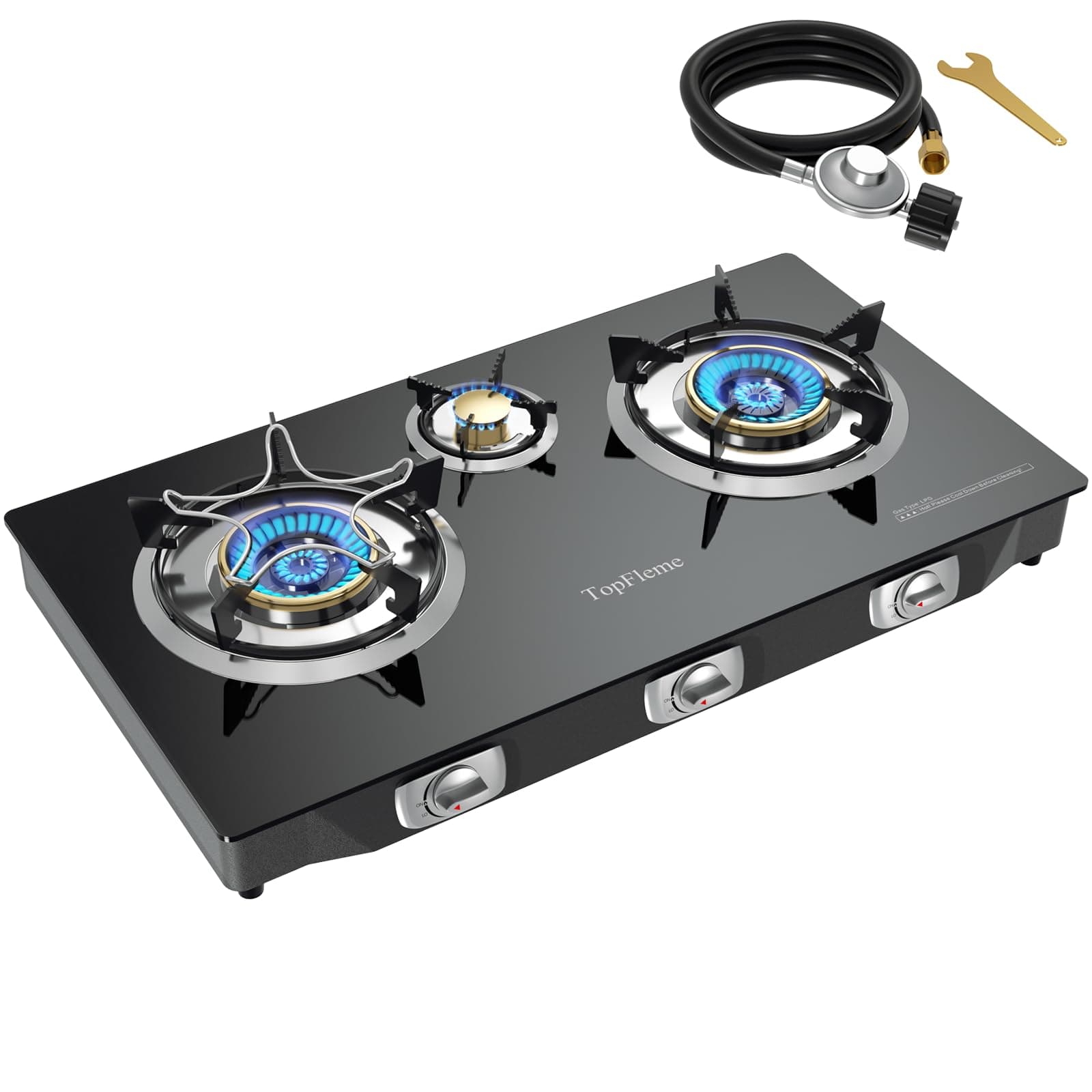 3 Burner Propane Stove 32,300 BTU High-Efficiency Tempered Glass Auto-Ignition Gas Burner Stove Top with CSA Hose for Outdoor RV Camping Emergency Cooking