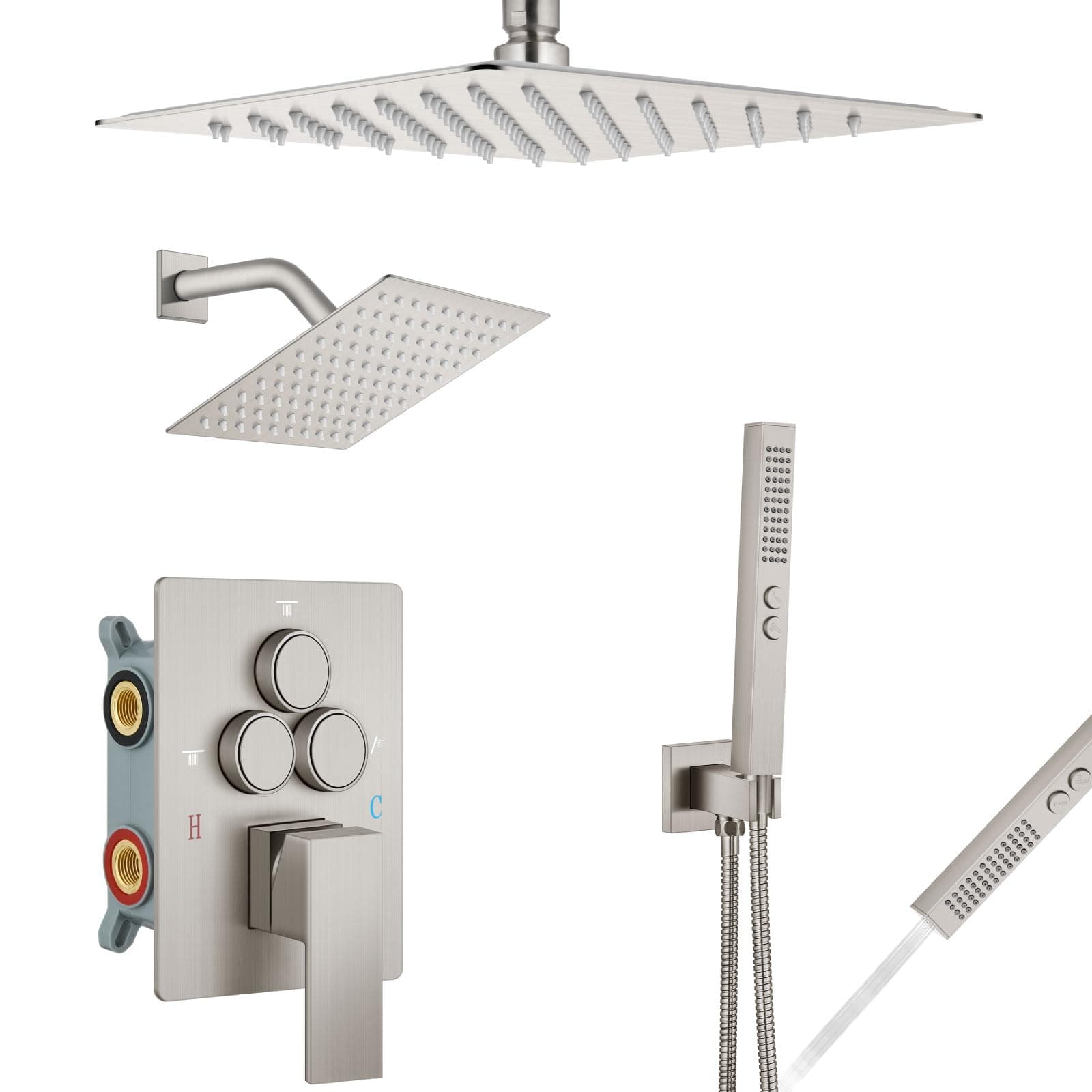 Aolemi Shower Faucet Set Ceiling Mount Shower System Rough-in Valve and Shower Trim Kit 2 in 1 Handheld Spray Push Button Diverter 10 and 6 Inch Dual Shower Head Brushed Nickel