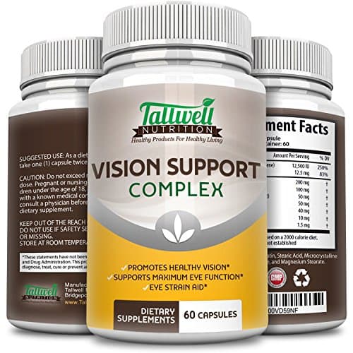 Vision Support Complex - Maximum Strength- Lutein, Bilberry, Taurine, Lycopene, Quercetin, Minerals, Best Vitamins for Eye Health Supplement from Tallwell Nutrition, 30 Day Complete Supply
