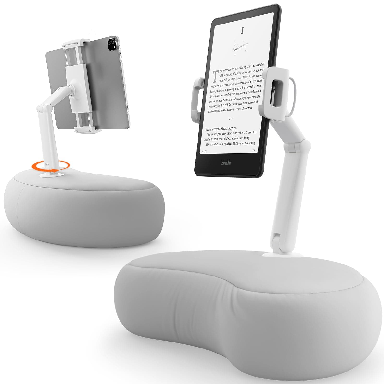 Kindle Pillow Stand, iPad Stand Compatible with 4.7”-15.6” Kindle, Phone, iPad, 360° Adjustable Lap Beanbag Tablet Holder for Bed with Flexible Dual Axis Arm and Microbead Cushion (Gray)
