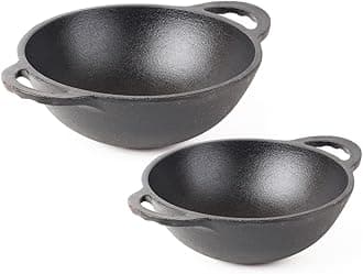 Pre-Seasoned Cast Iron Cookware Set | Kadai (20.3cm/1.4L) + Kadai (25.2cm/2.2L) | Kitchen Cooking Combo Pots and Pans Set of 2Pcs | Naturally Nonstick Black