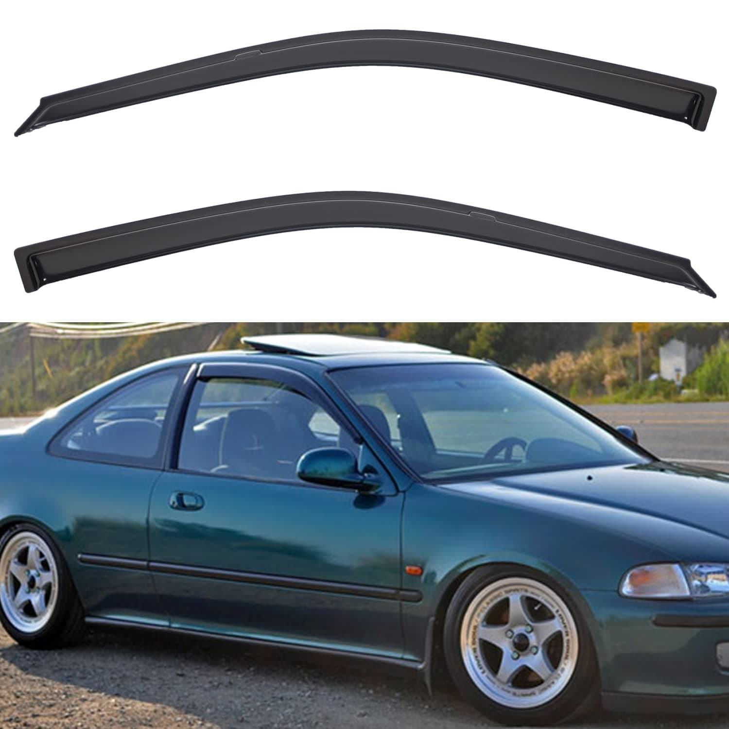 Set of 2 Front Smoke Sun/Rain Guard Outside Mount Tape-On Acrylic Window Visors Compatible with 92-95 Civic 2-Door Coupe/3-Door Hatchback