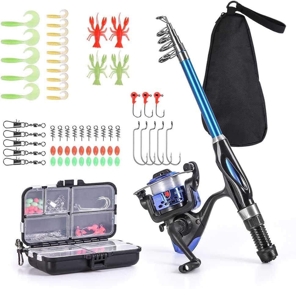 Lixada Blusea Fishing Rod Reel Combo Full Kit 1.5m Telescopic Fishing Rod Spinning Reel Set with Hooks Soft Lures Barrel Swivels Storage Bag