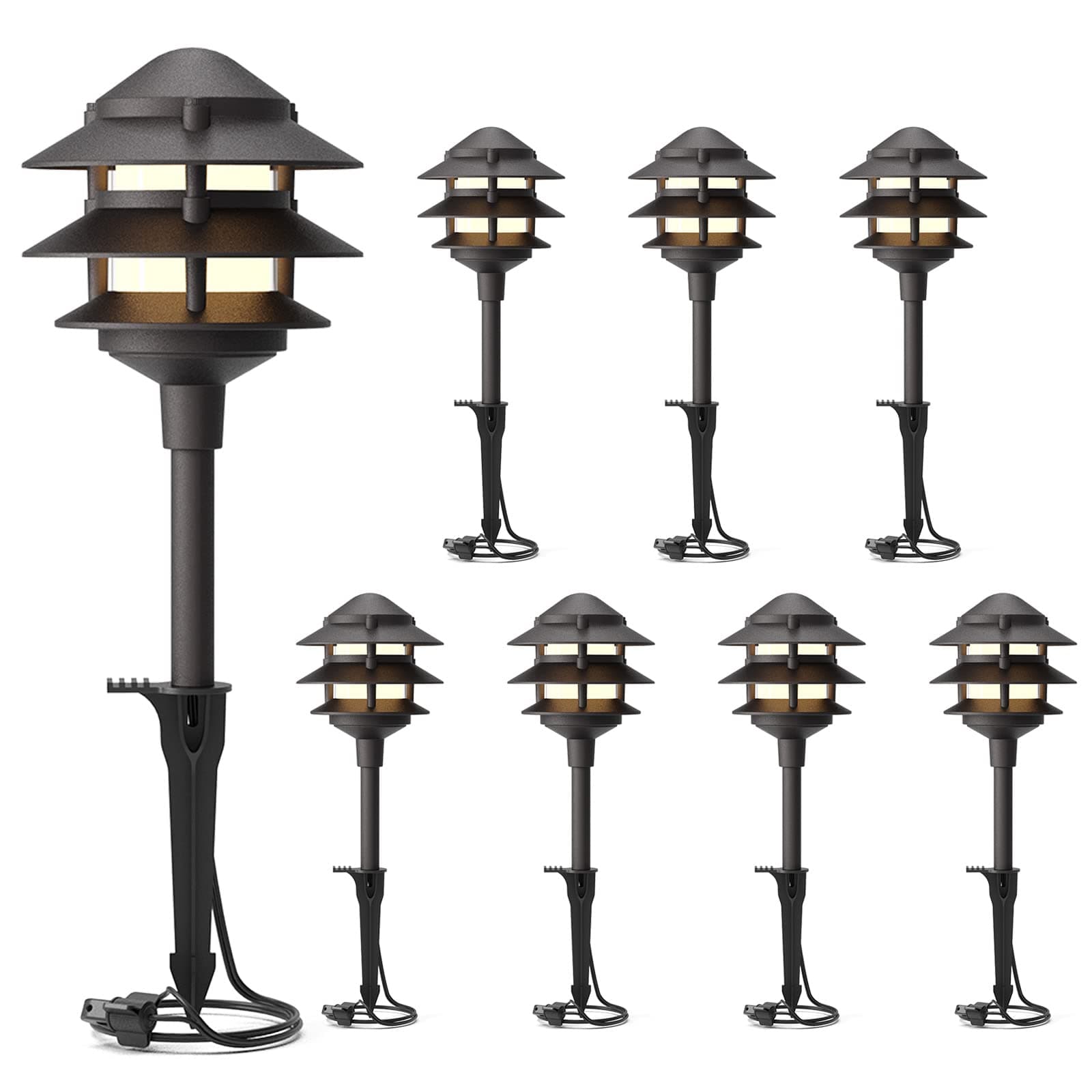 GOODSMANN Landscape Lighting 8PK Pathway Lights Low Voltage 2.2 Watt LED 12V AC Landscape Lights 30 Lumen Warm White with Cable Connectors Metal Stakes 9122-21102-08A
