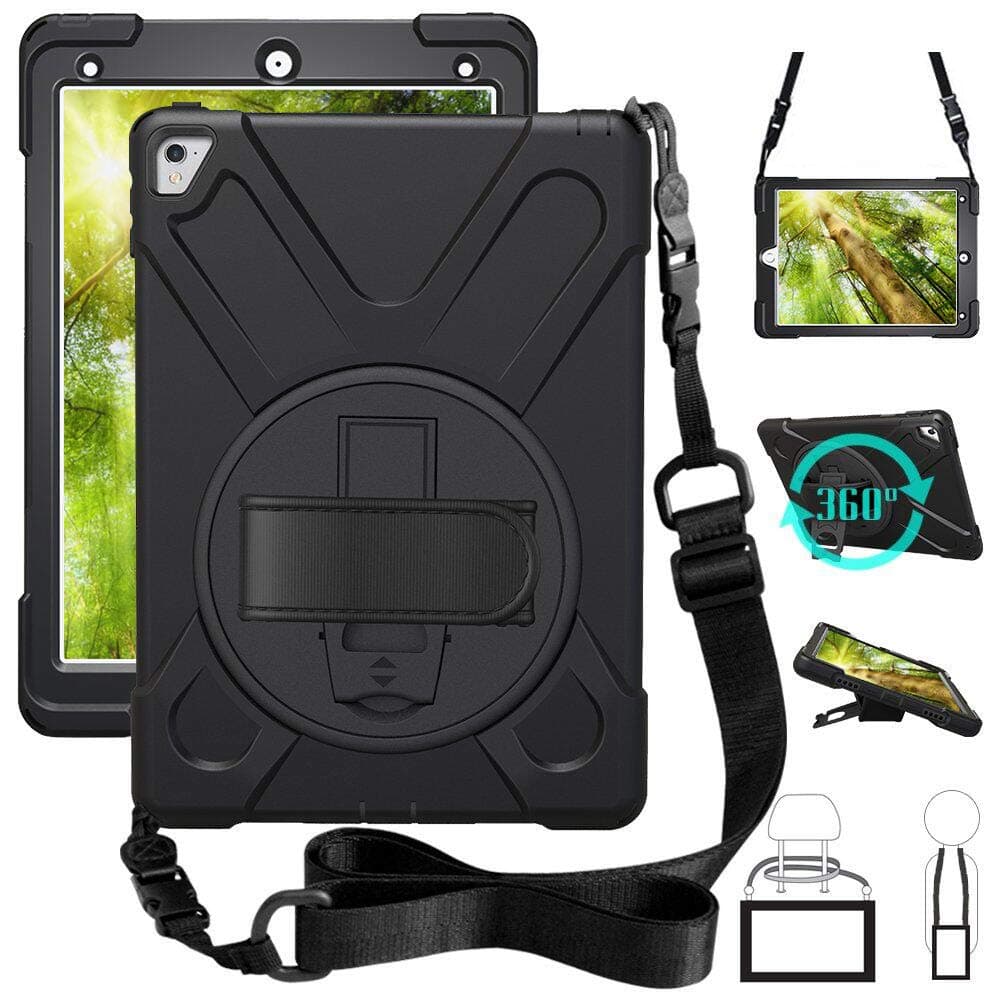 ZenRich iPad Pro 9.7 Case 2016, zenrich 360 Rotating Kickstand Hand Strap & Shoulder Belt zenrich Shockproof Heavy Duty Rugged Case for iPad Pro 9.7 inch 2016 Release A1673/A1675 Black