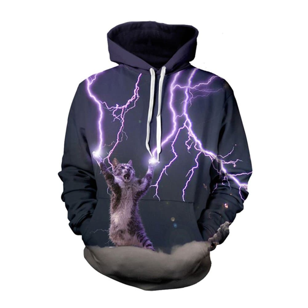 Purple Galaxy Hoodies sweatshirt Lightning Cat Print 3d pullover For Men (XL)