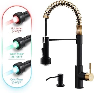 Black and Gold Kitchen Faucet with Soap Dispenser Single Hole Pull Down Sprayer LED Faucet, Suitable for Farmhouses, RV, Laundry Room, Outdoor, and Campers. Llave para fregadero de cocina