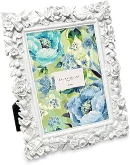 Laura Ashley 5x7 White Floral Textured Hand-Crafted Resin Picture Frame with Easel, for Tabletop & Wall Display, Decorative Floral Design Home Décor, Photo Gallery, Art & More (5x7, White)