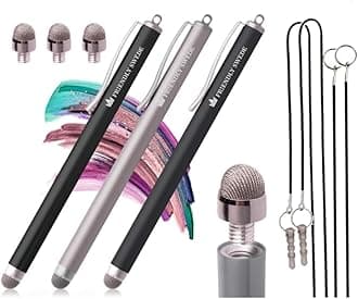 The Friendly Swede Mesh Tip Stylus Pen for Touchscreen — 3-Pack Micro-Knit Capacitive Stylus Pen for iPad & iPhone with 3 Replaceable Fiber Tips, Elastic Lanyards & Screen Cleaning Cloth