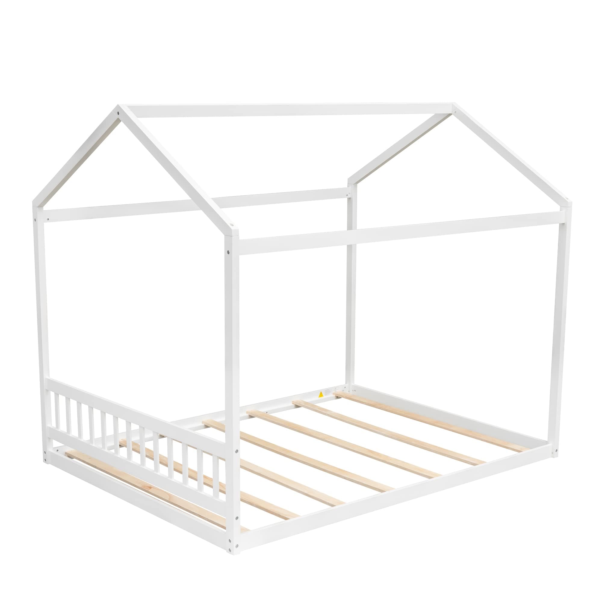SOFTSEA Floor House Bed Frame Queen Size Wood Platform Bed with Headboard House Bed with Roof for Kids, No Box Spring Needed (White)