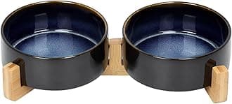 SPUNKYJUNKY Ceramic Dog and Cat Bowl Set with Wooden Stand, Modern Cute Weighted Food Water Set for Small Size Dogs (13.5OZ) & Medium Sized Dogs (28.7OZ) & Cats (1.7 Cups, 2 × Starry Blue)
