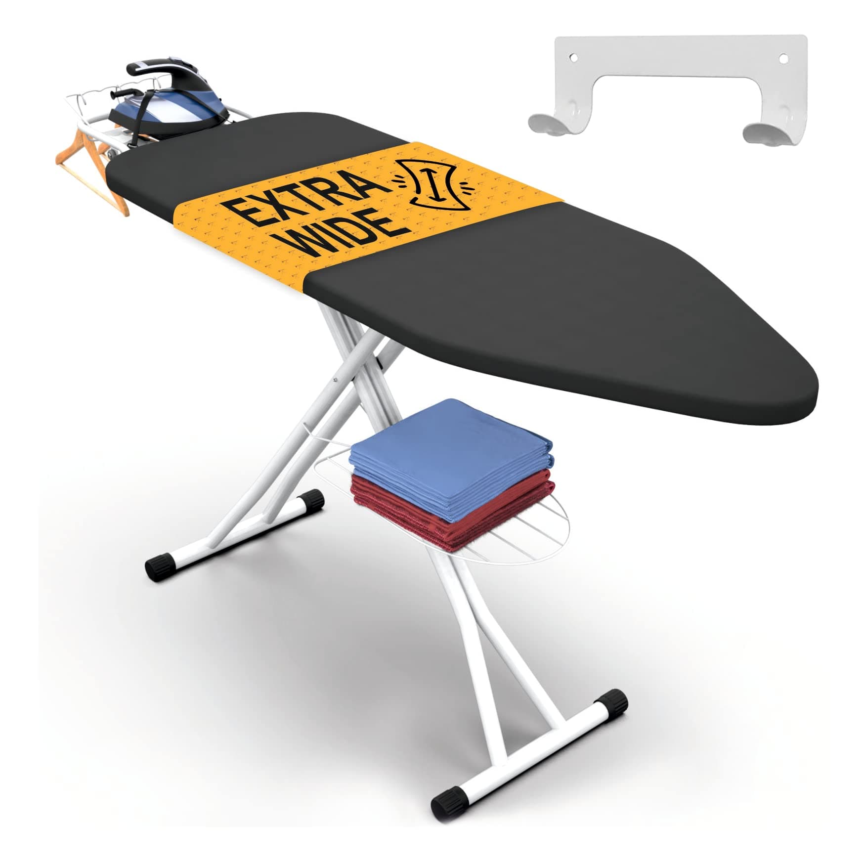Full Size Ironing Board 57" X 18" with Wall Mount Hanger, Full Metal Construction Iron Board, Built in Iron Caddy, Heat & Scorch Resistant Fabric, Cord Holder, Anti-Skid Feet, Heavy Duty