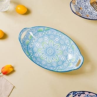 Nestasia Blue and Green Mandala Ceramic Long Serving Platter With Handles For Snacks, Appetizers, Salads, and Noodles| Microwave Safe, Dishwasher Safe (10.8 Inch)