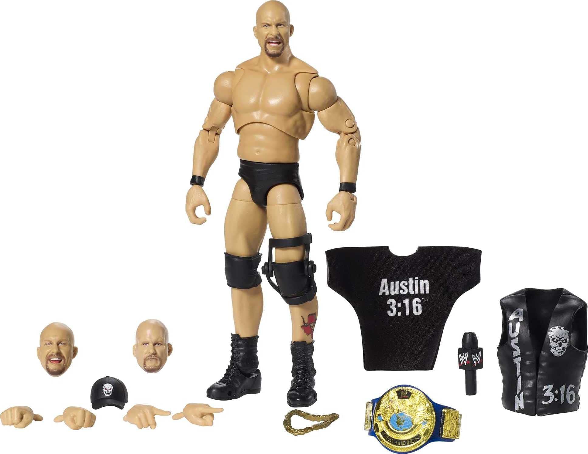 WWE MATTEL Ultimate Edition Stone Cold Steve Austin Action Figure, 6-in / 15.24-cm, with Interchangeable Heads, Swappable Hands & Entrance Gear for Ages 8 Years Old & Up