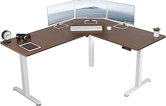 VIVO Corner Standing Desk, 63 x 55 inch Reversible L-Shaped Workstation, Electric Height Adjustment, Home, Office, and Reception Rooms, Dark Walnut Table Top White Frame, DESK-E3CTWD