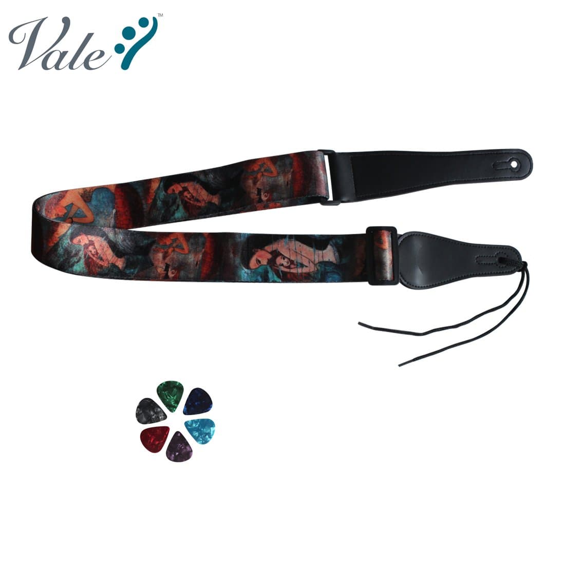 VALE Adjustable “Mermaid” Guitar Strap with Leather Ends and Pick Pocket for Electric/Acoustic Guitar