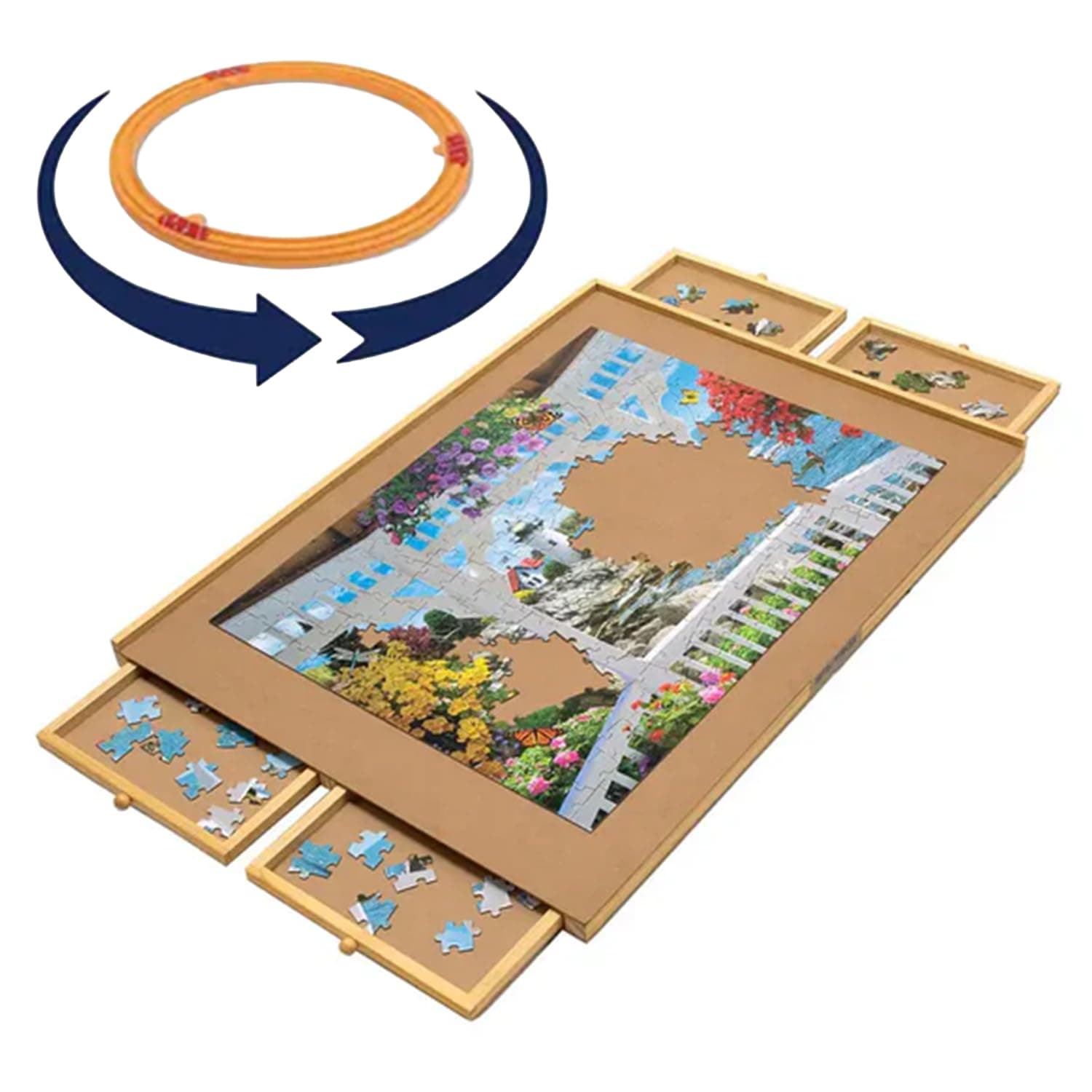 Rotating Puzzle Board with Drawers, Jigsaw Puzzle Board 1000 Pieces, 22 Inch x 30 Inch Spinning Wooden Tray Table with 4 Organizing Piece Sorting Trays, Portable, Storage for Puzzles