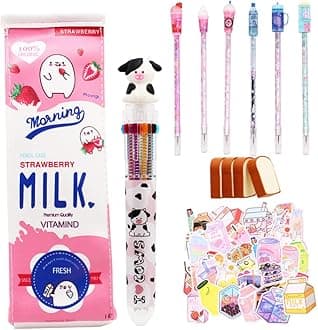 Primo Lines Cute School Supplies for Girls - Pink Kawaii Stationary Set with Gel Pens, Cow Multicolor Pen In One, Milk Carton Pencil Case, Bread Eraser & Stickers - 67-Piece