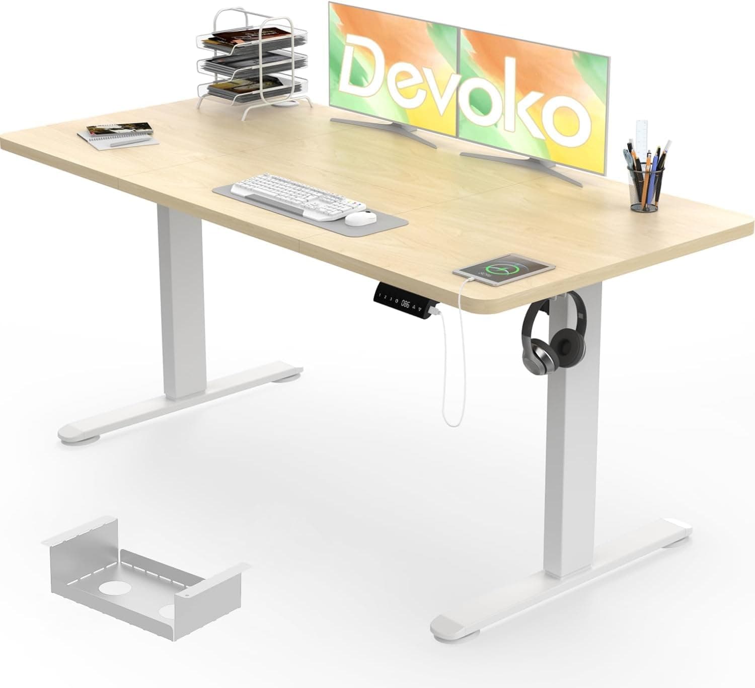 Devoko Electric Standing Desk 140x70cm, 18mm Thick Tabletop, Sit-Stand Height Adjustable with Sedentary Reminder, USB Charging Port, 3 Memory Smart Panel, Heavy-Duty Steel Frame (Beige)