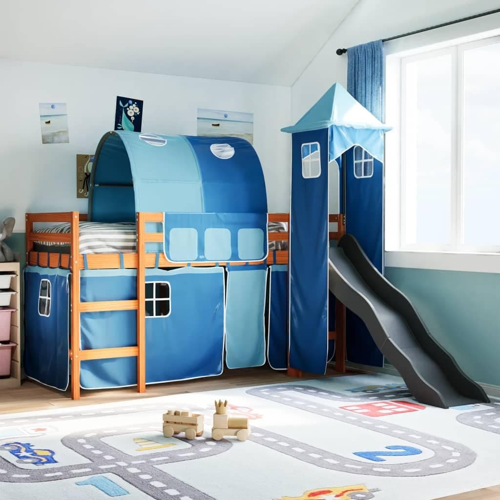 vidaXL Kids' Loft Bed with Slide and Tower - Blue Solid Pine Wood 80x200 cm - Safe Guardrails, Fun Curtains & Tunnel