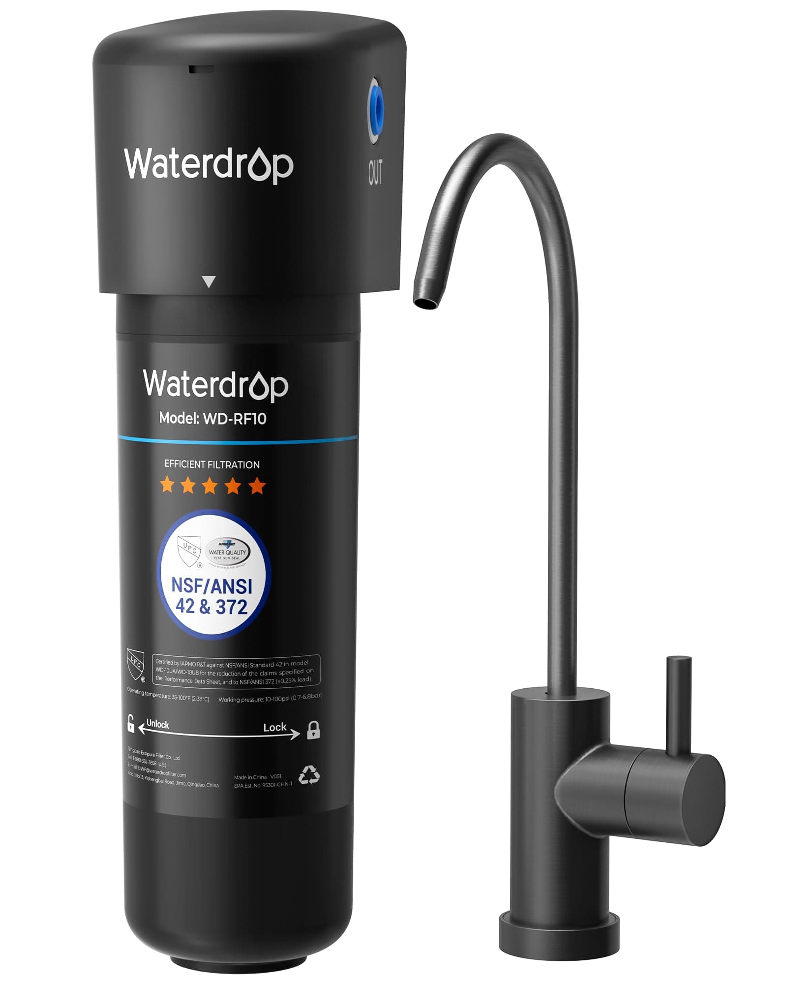 Waterdrop 10UB-B Under Sink Water Filter, Reduces PFAS, PFOA/PFOS, Lead, Chlorine, Bad Taste, NSF/ANSI 42 Certified, 11K Gallons, Easy Installation, Black Faucet
