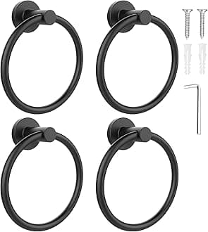 SetSail Towel Holder for Bathroom Wall Matte Black Towel Ring Stainless Steel Hand Towel Holder 4 Packs Towel Hanger for Bath, Kitchen