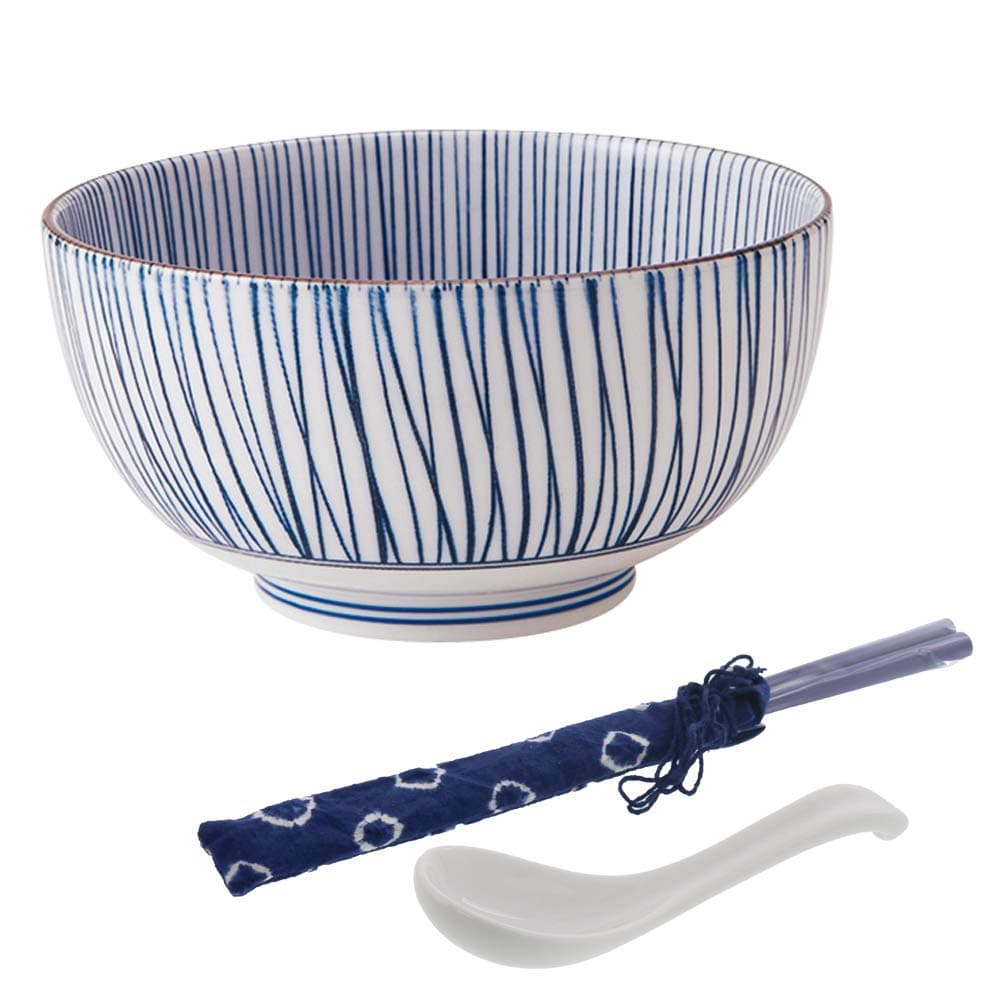 Zen Table Japan Blue Stripe Multi-Purpose Donburi Bowl with Chopsticks and Soup Spoon Made in Japan - Large