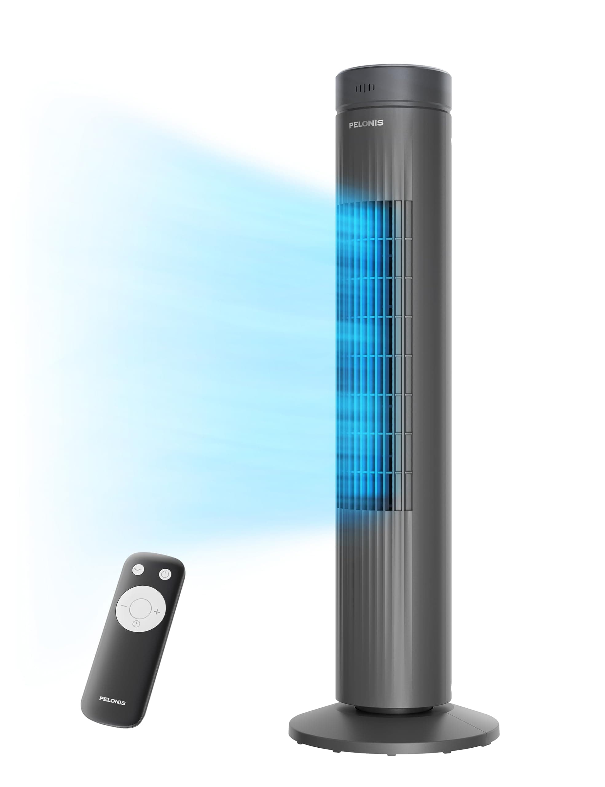 Pelonis Portable Tower Fan, 30" Tall, Grey, 3 Speeds, 90° Oscillation, CycleBoost Technology, 37 dB Quiet Operation, Remote Control