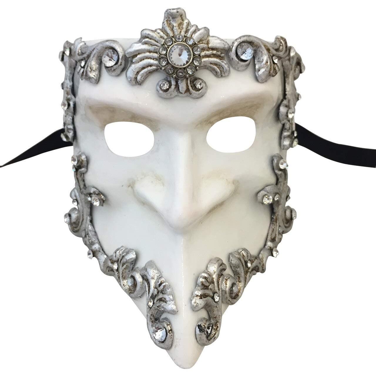 White and Silver Baroque Bauta Full Face Venetian Masquerade Mask