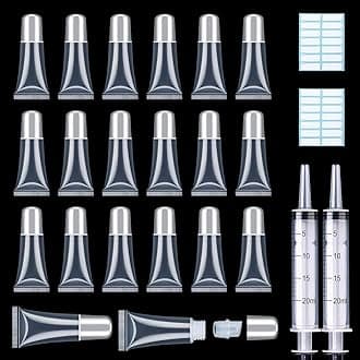 - AMORIX 50PCS Lip Gloss Tubes 5ml Silver Cap Lip Gloss Containers Empty Lip Balm Tubes Refillable Cosmetic Squeeze Lipgloss Tubes + 2 x 20ml Syringes Tag Labels for DIY Lip Gloss Base Glitter
