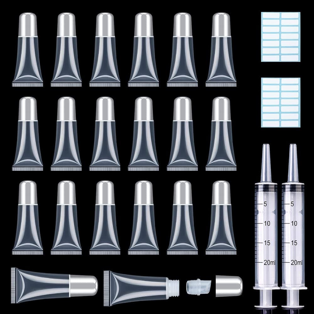 - AMORIX 50PCS Lip Gloss Tubes 5ml Silver Cap Lip Gloss Containers Empty Lip Balm Tubes Refillable Cosmetic Squeeze Lipgloss Tubes + 2 x 20ml Syringes Tag Labels for DIY Lip Gloss Base Glitter