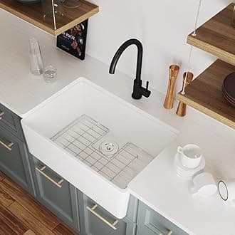 DeerValley Farmhouse Sink, 23.8" x 16" Ceramic White Kitchen Sink, Apron-Front Large Deep Drop In Single Bowl with Bottom Grid & Strainer