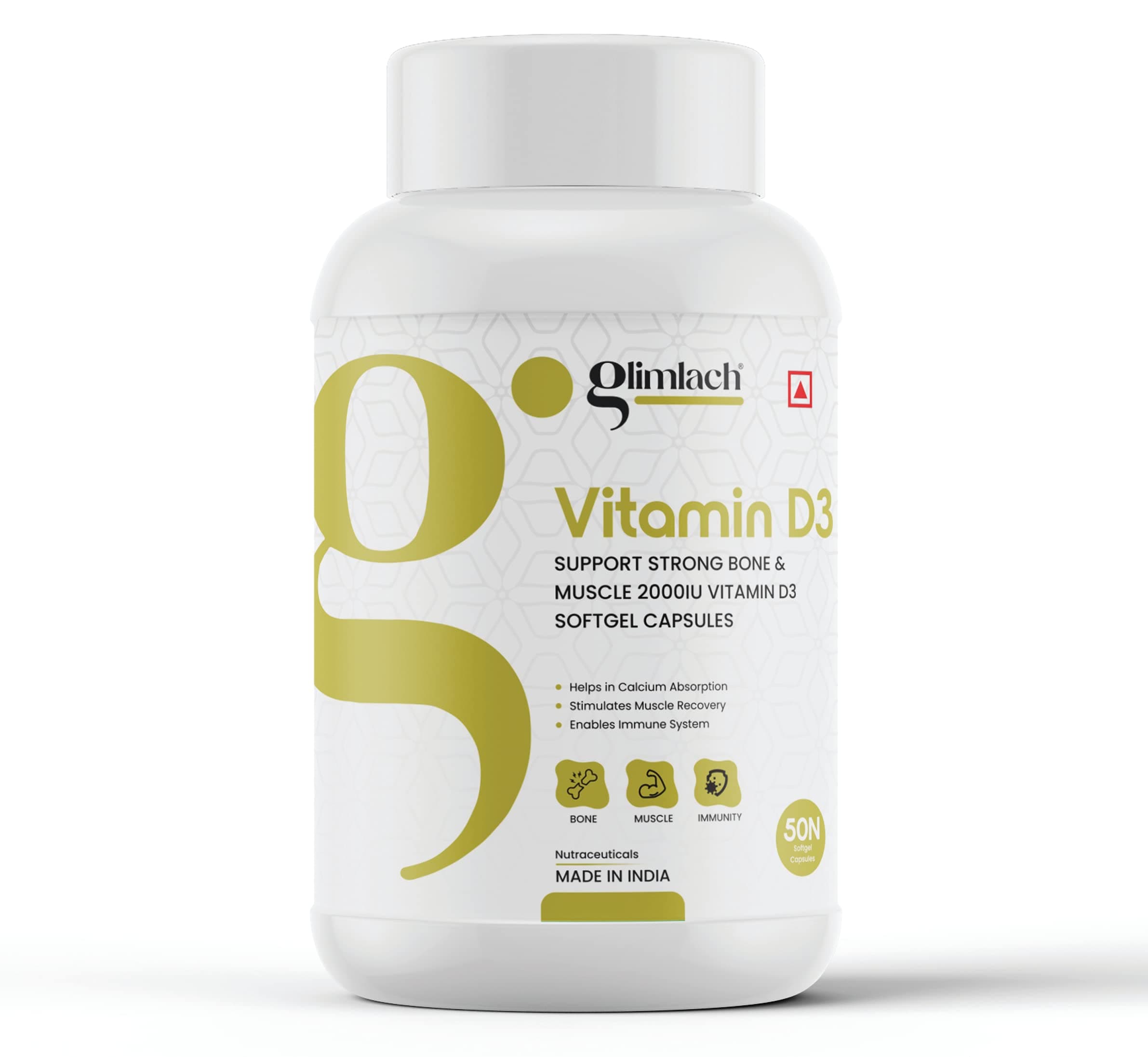 GLIMLACH Vitamin D3 50mcg (2000 IU), Vitamin D, Immune Support, Bone Health, Muscle Strength and Promotes Calcium, Vitamin D3 Strength Tablet Pack for Everyday Selection