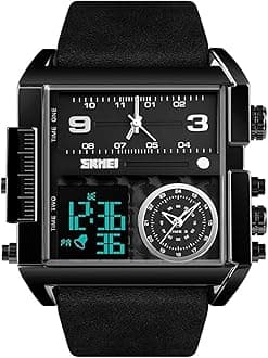 SKMEI Watches for Men, Square Men's Wrist Watches, LED Backlight Large Screen Multi-Time Zone Men's Watch, Waterproof Analog Men's Digital Sports Watch