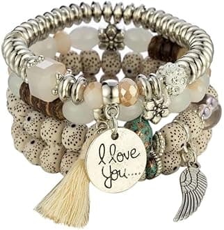 Shining Diva Fashion Latest Stylish Bohemian I Love You Feather Tassel Charm Multilayer Beaded Bangle Bodhi Bracelet for Women and Girls