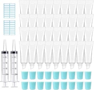 AMORIX 50PCS 10ml Lip Gloss Tubes Clear Empty Lip Balm Containers with Blue Cap Refillable Soft Cosmetic Squeeze Tubes for Lip Gloss Base Glitter Pigment Powder 2 Syringes + Tag Labels Stickers